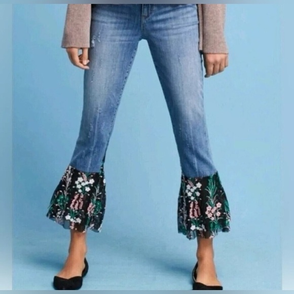 Pilcro and the Letterpress Denim - Pilcro and the Letterpress Blue Jeans with Floral Accents